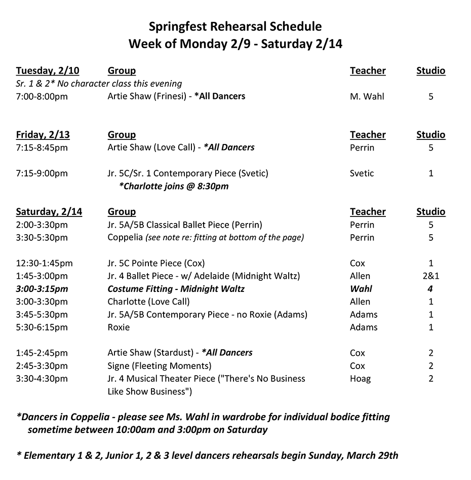Springfest Rehearsal Schedule